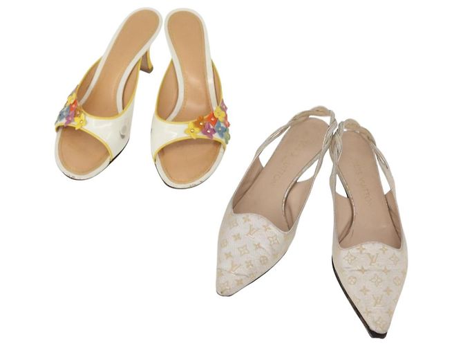 LOUIS VUITTON Schuhe Leder Canvas 2 Set Silber Weiß LV Auth th6500