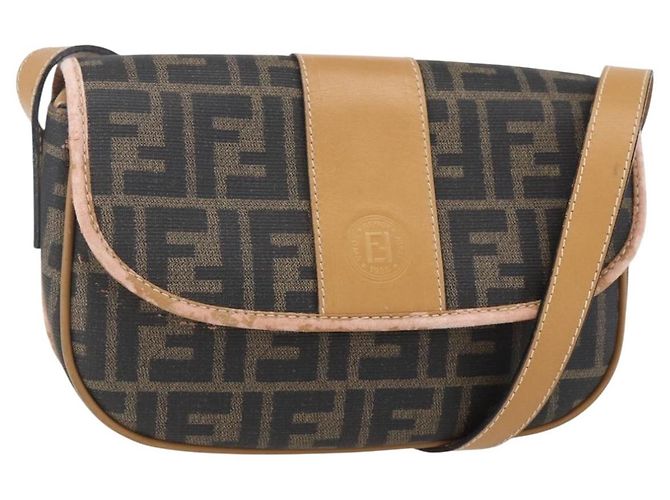 Bolsa de Ombro em Lona Zucca FENDI PVC Preto Marrom Ouro Auth ti3485 Dourado