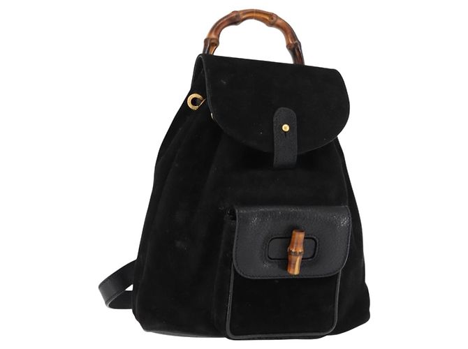 GUCCI Bamboo Backpack Suede Leather Black Auth BA6791