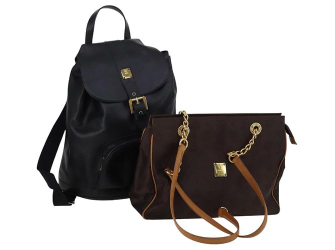 MCM Vicetos Logogram Mochila de Couro Nylon 2Set Marrom Preto Auth bs29265