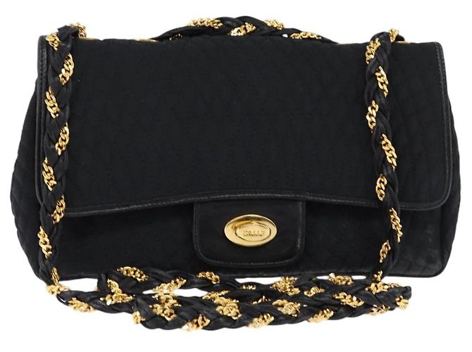 BALLY Bolsa de Ombro com Corrente Nylon Preto Ouro Auth am9111 Dourado