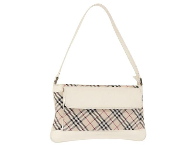 Bolsa de Ombro Nova Check em Lona e Couro Branco Prata Auth BA6464 da BURBERRY