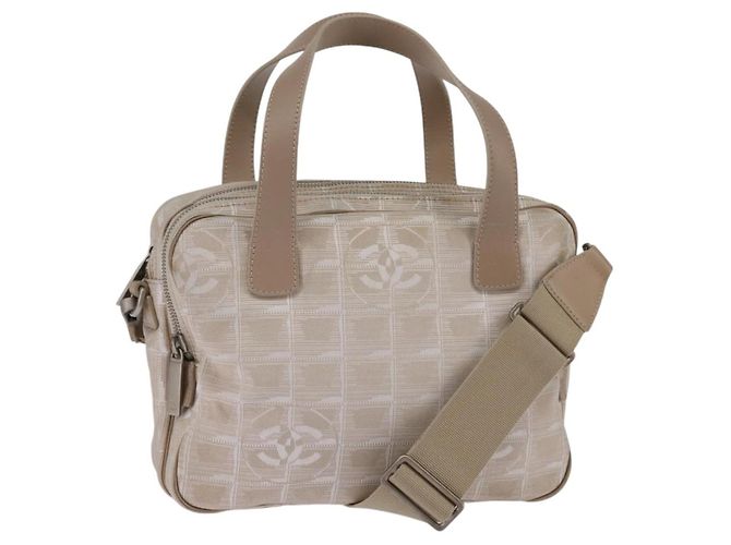 CHANEL Nuova Borsa da Viaggio in Nylon 2way Beige Argento CC Auth 145353