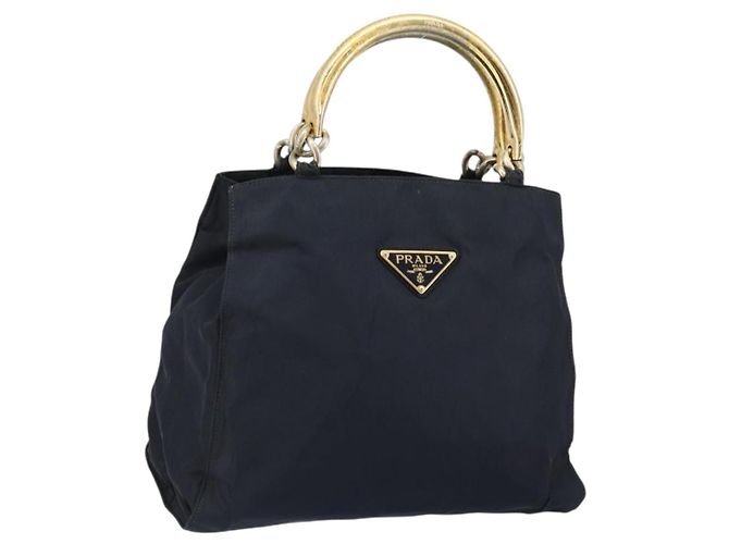 Borsa a mano PRADA in nylon blu navy e oro Auth bs29879 D'oro