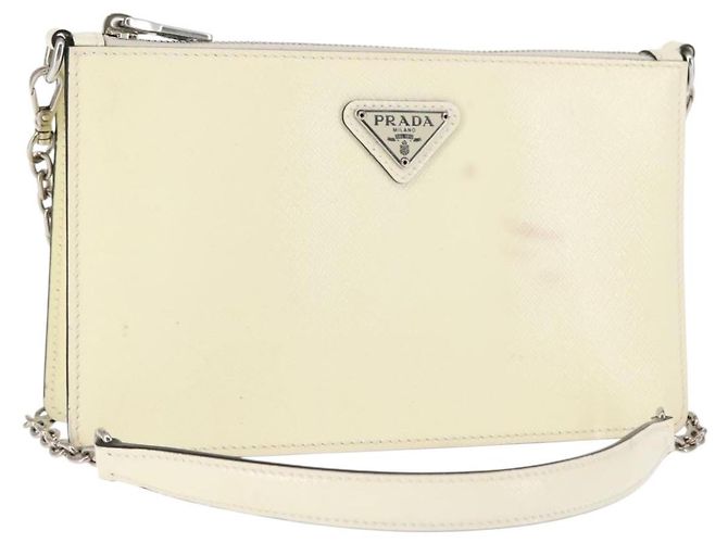 Saffiano PRADA Chain Shoulder Bag Safiano leather White Silver Auth bs29803 Silvery