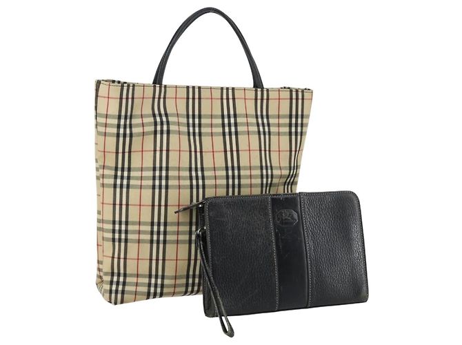 Borsa Tote in Tela e Pelle Nova Check BURBERRY 2 pezzi Nero Beige Auth 143395
