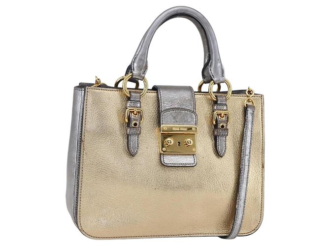 Bolsa Miu Miu Madras de couro 2 em 1 dourada Auth mr1549 Dourado