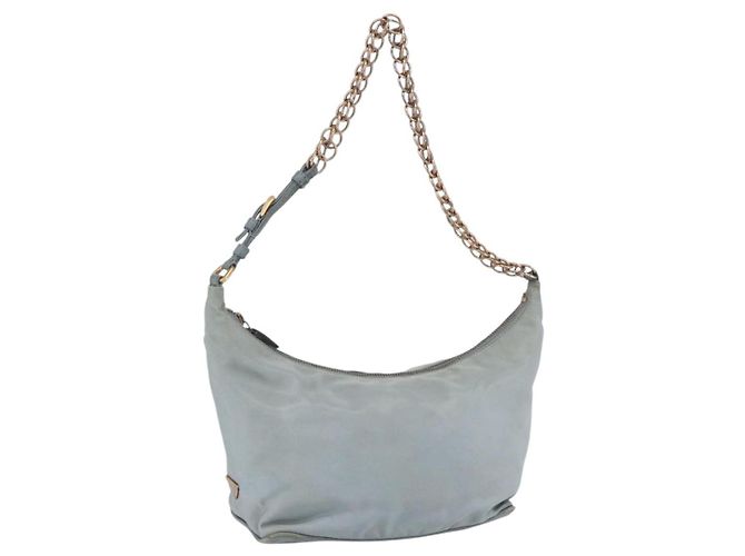 PRADA Bolsa de Ombro com Corrente Nylon Azul Claro Ouro Auth SW1832 Dourado