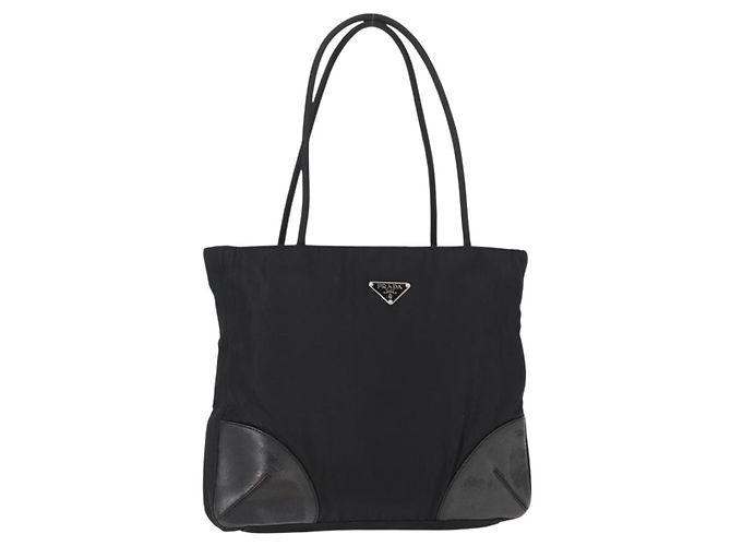 PRADA Tote Bag Nylon Leather Black Silver Auth ka211 Silvery