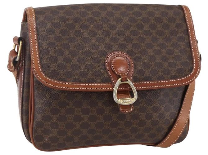 Céline Bolsa de Ombro em Lona Macadam CELINE em Couro PVC Marrom Dourado Auth ka209