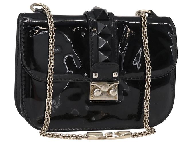 VALENTINO Bolsa de Ombro com Corrente e Studs Esmalte Preto Prata Auth bs31222