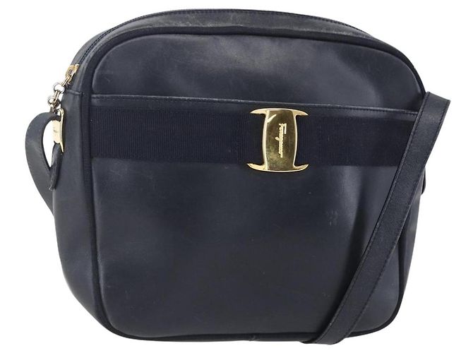 Borsa a Spalla Vala in Pelle Blu Navy e Oro Auth BA7981 di Salvatore Ferragamo D'oro