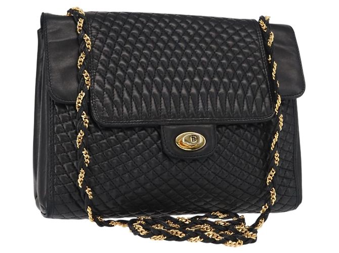 BALLY Bolsa de Ombro de Couro Matelassada com Corrente Preto Ouro Auth am9465 Dourado