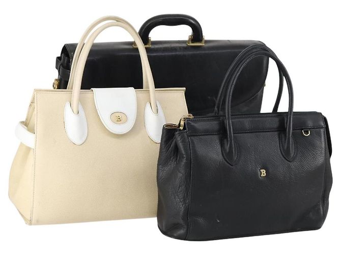 BALLY Bolsa de Mão de Couro 3 Conjuntos Preto Marfim Auth bs30280 Cru