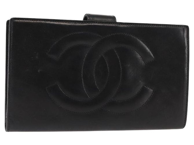 CHANEL Cartera Larga de Piel de Cordero Negra CC Auth am9206 Negro
