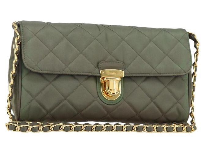 PRADA Borsa a Spalla con Catena Nylon Kaki Oro Auth 153389 D'oro Cachi