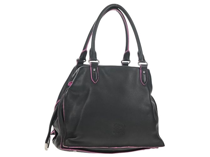 LOEWE Bolso de Mano Flamenco Cuero Negro Plata Auth mr1535