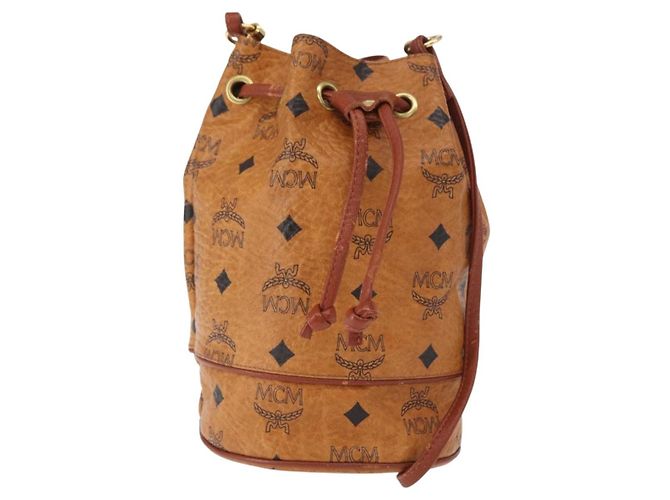 Bolsa de Ombro MCM Logogram Vicetos em Couro PVC Marrom Dourado Auth BA8641