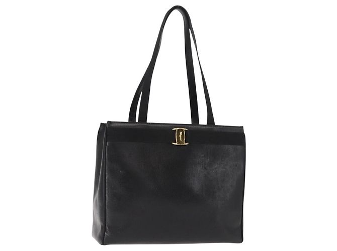 Salvatore Ferragamo Vala Präge-Tote aus Leder in Schwarz und Gold Auth BA7328 Golden