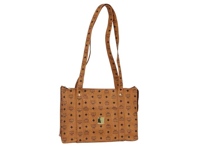 Bolsa Tote MCM Logogram Vicetos em couro PVC marrom e dourado Auth gh1079