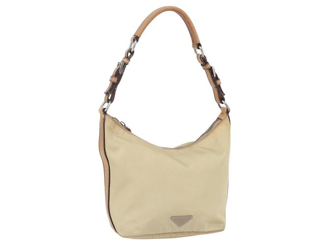 PRADA Shoulder Bag Nylon Beige Silver Auth 151025 Silvery