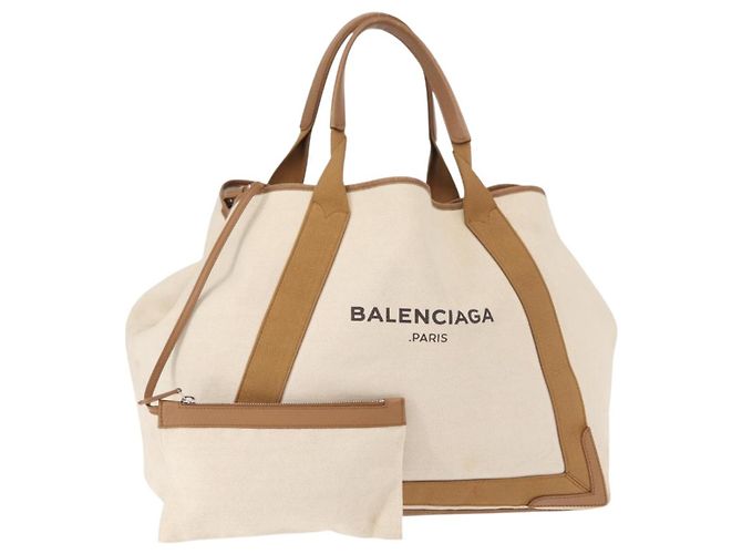 Bolsa Cabas Navy Balenciaga em lona e couro bege claro prateado 339936 Auth gh1160 Marrom Prata