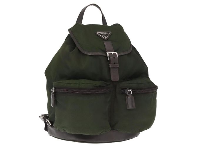 PRADA Backpack Nylon Khaki Silver Auth kk592 Silvery