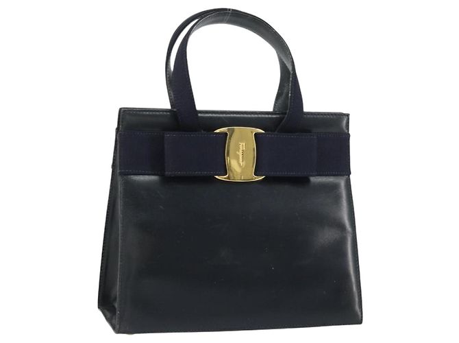 Bolso de mano Vala de cuero azul marino y dorado Auth BA8854 de Salvatore Ferragamo