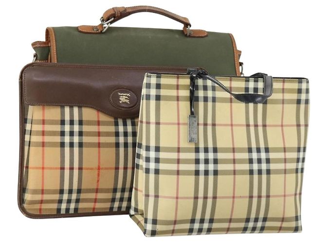 Autre Marque Borsa a mano in tela Burberrys Nova Check 3 pezzi Beige Verde Auth bs31496