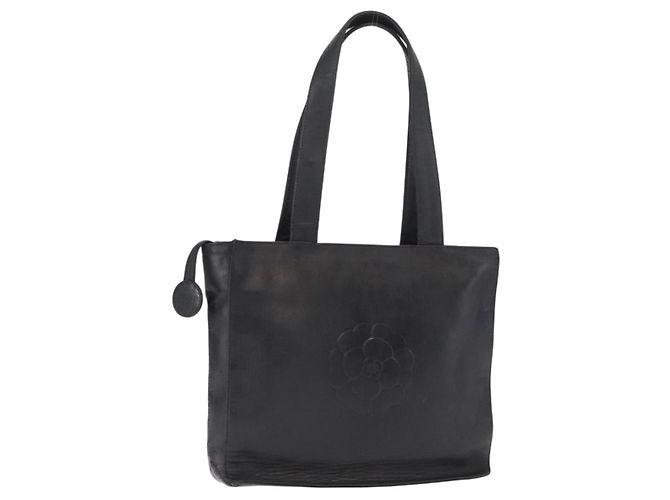CHANEL Borsa Tote Camelia Pelle di Pecora Nera Argento CC Auth bs31571 Nero