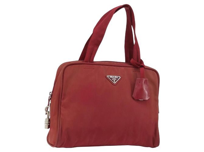 PRADA Borsa a mano in nylon rosso argento Auth BA8645