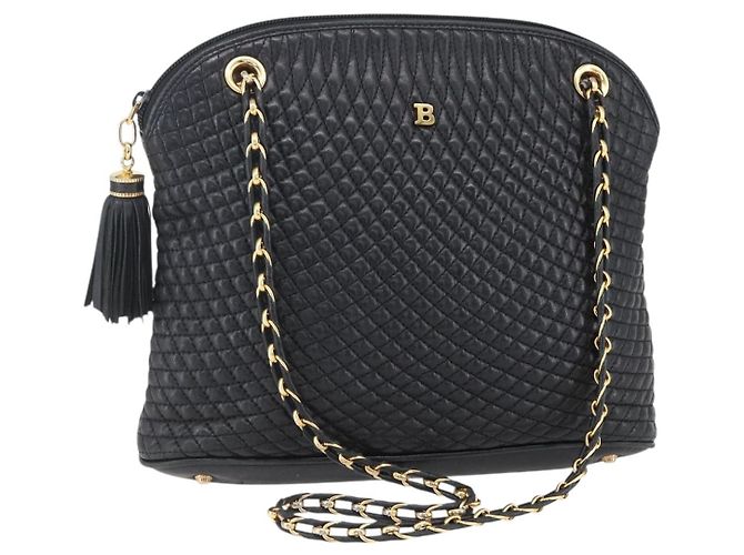 BALLY Bolsa de Ombro com Corrente Couro Preto Dourado Auth 152403