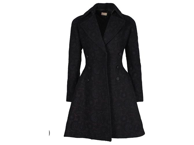 Alaïa Flared Printed Coat in Black Wool Navy blue