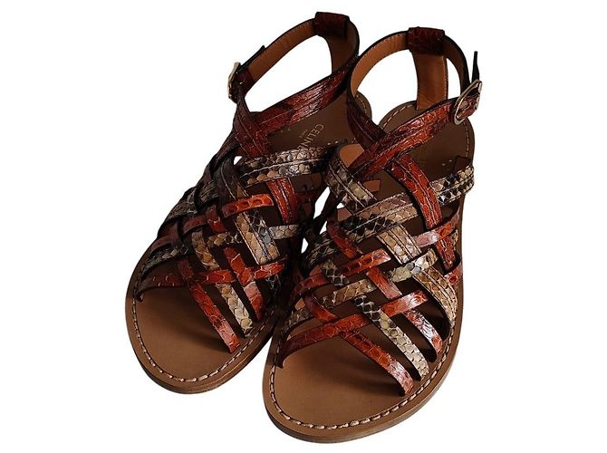 Céline Sandales plates en cuir python Celine Marron