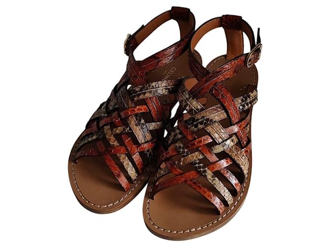 Céline Celine Python Leather Flat Sandals Brown 
