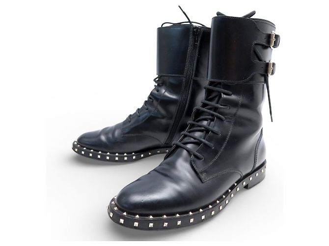 VALENTINO ROCKSTUD RANGERS STRAP ANKLE BOOTS 36 IT 37 FR COMBAT BOOTS Black