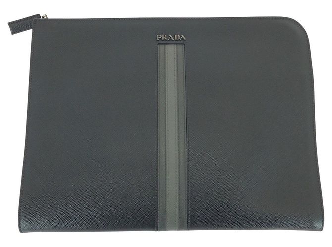 Pochette L-Zip en cuir Saffiano Prada Noir