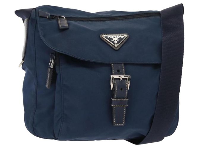 Bolsa de Ombro PRADA em Nylon Azul Marinho Prata Auth ki6224
