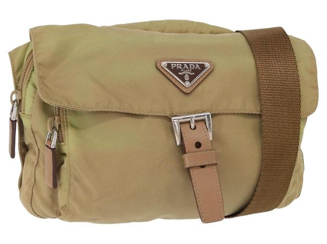PRADA Shoulder Bag Nylon Beige Silver Auth ki6222 Silvery
