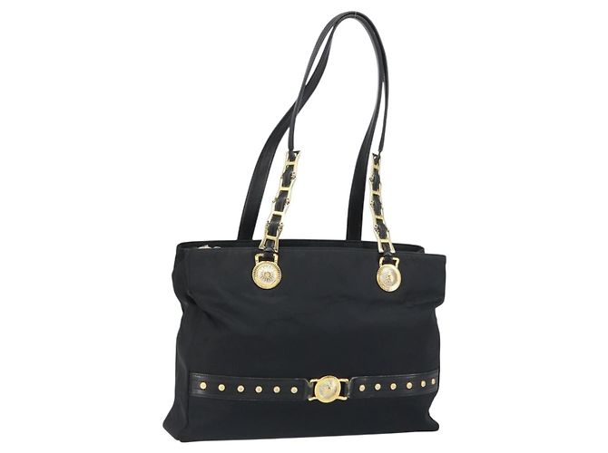 Borsa Tote Gianni Versace in nylon nero e oro Auth BA8787 D'oro