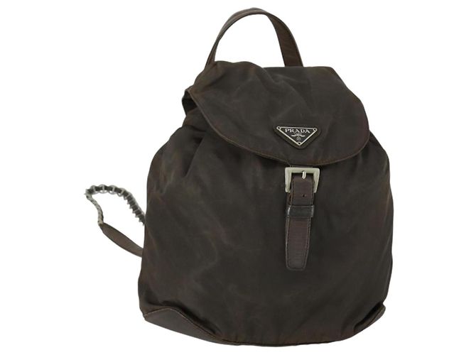 PRADA Backpack Nylon Brown Silver Auth 151544 Silvery