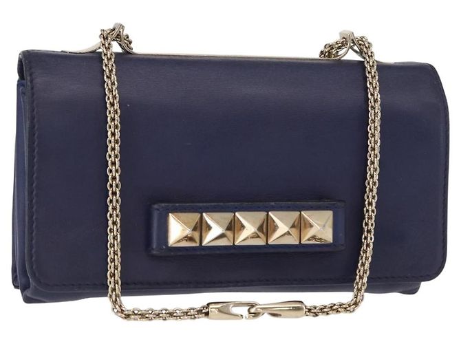 VALENTINO Bolso de Hombro de Cuero con Cadena y Estrellas Azul Marino Dorado Auth BA8756
