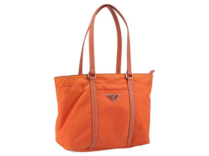 Borsa Tote PRADA in nylon e pelle arancione argento Auth gh1423