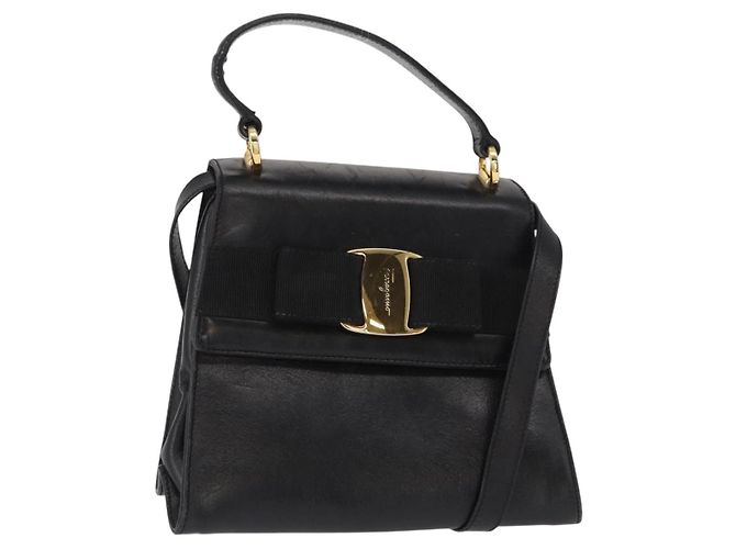 Bolsa de mão Vala em couro 2 em 1 preta e dourada Auth BA8780 da Salvatore Ferragamo Preto Dourado