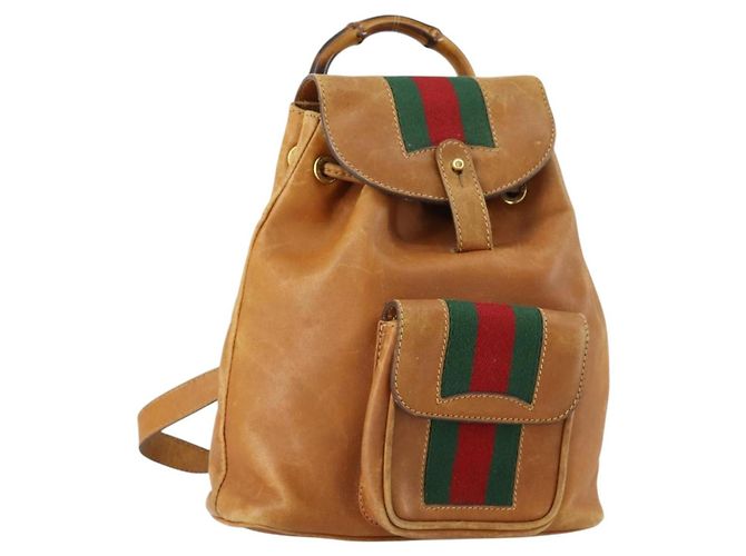 GUCCI Bamboo Web Sherry Line Backpack Leather Brown Red Auth 151581