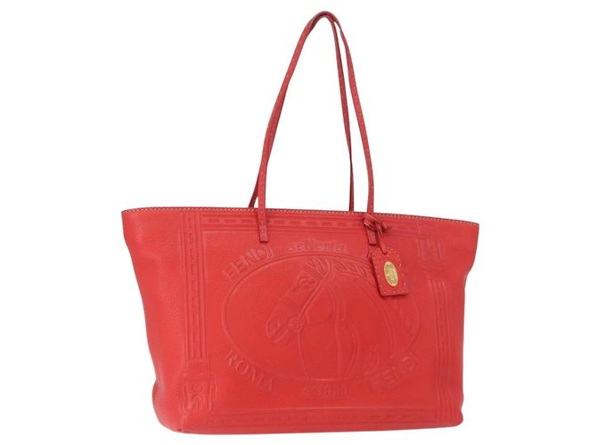 FENDI Celeria Tote Bag Leather Red Gold Auth ka885 Golden