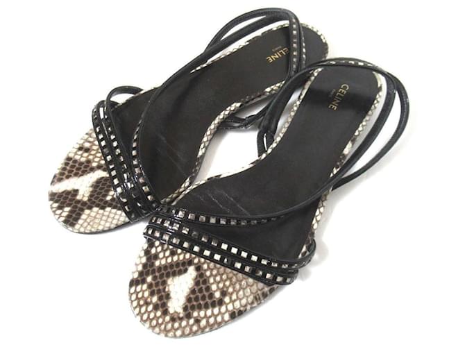 Céline Celine Python Leather Flat Sandals Black Beige