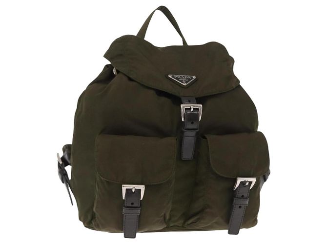 PRADA Backpack Nylon Green Silver Auth kk575 Silvery