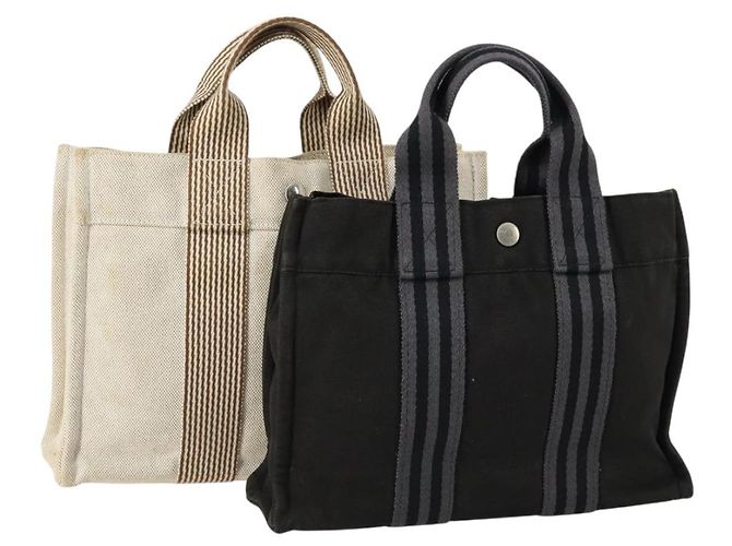 Hermès HERMES Tasche Canvas 2 Set Schwarz Hellbeige Auth 151314