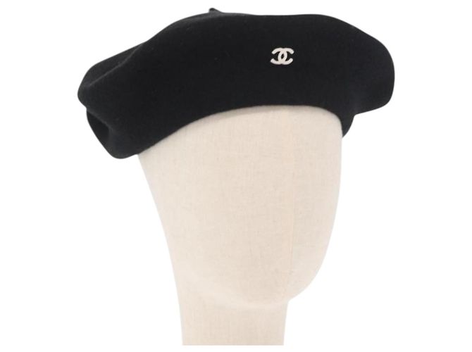 CHANEL 1998 COCO Boné Beret de Lã Preto CC Auth 157877SM